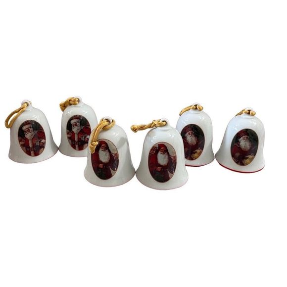Vintage Christmas White Porcelain Old World Santa Bell Ornaments 6 Pack